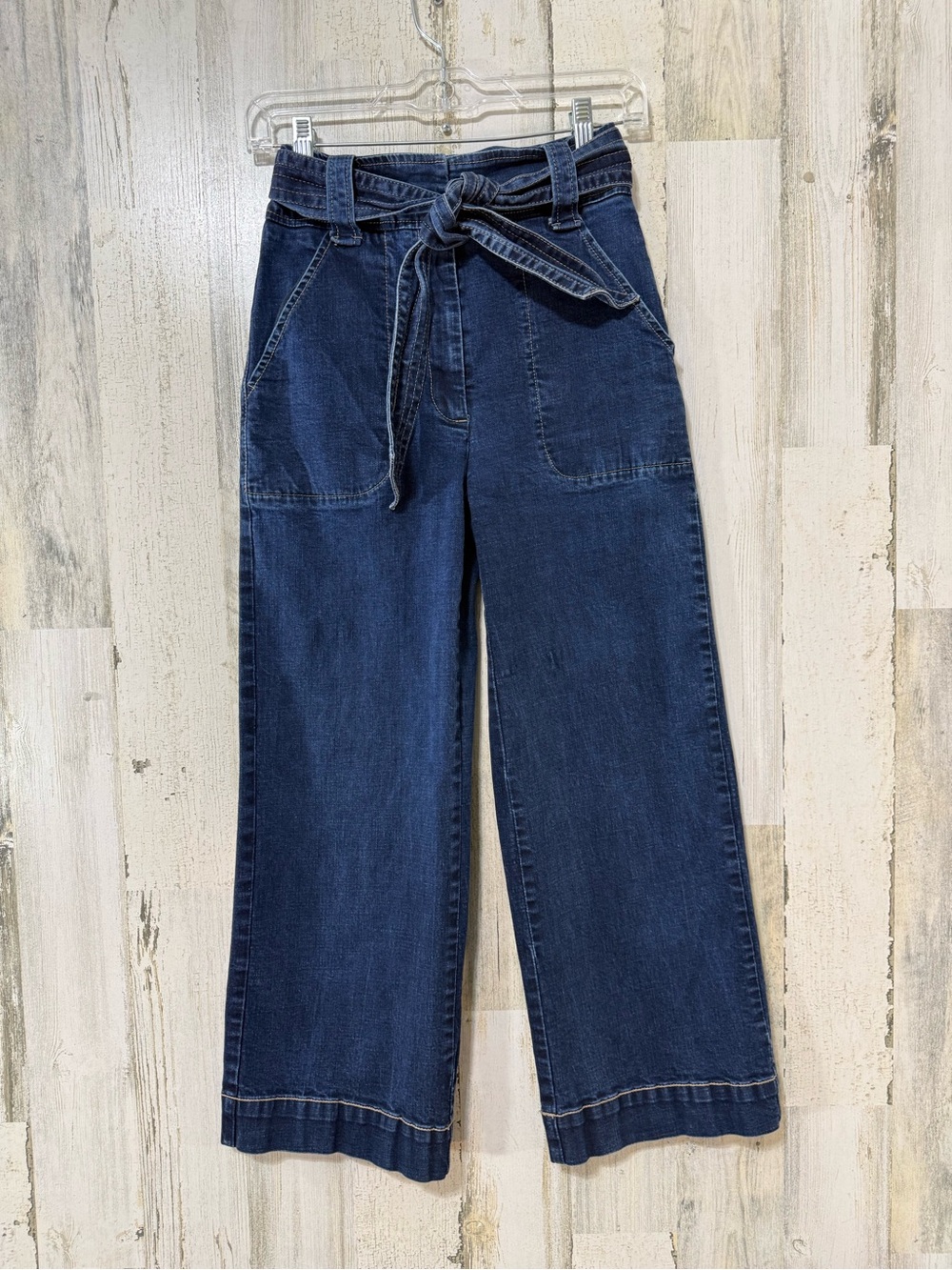 Chelsea & Theodore Belted Dark Blue Tie-Waist Cropped Wide-Leg Jeans